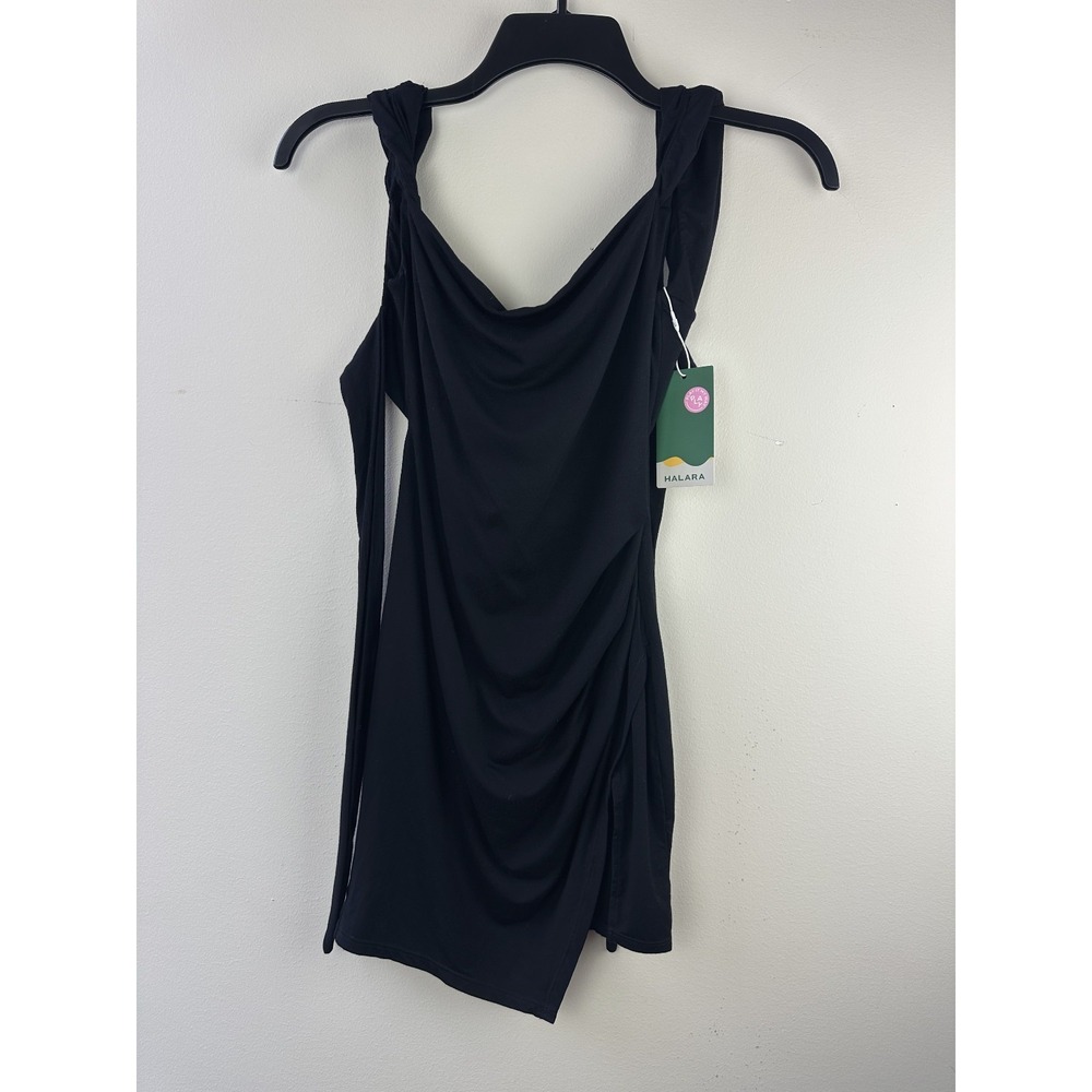 NWT Halara Ruched Tie Back Hem Bodycon Mini Casual Dress Black Small Stretch - Picture 2 of 14